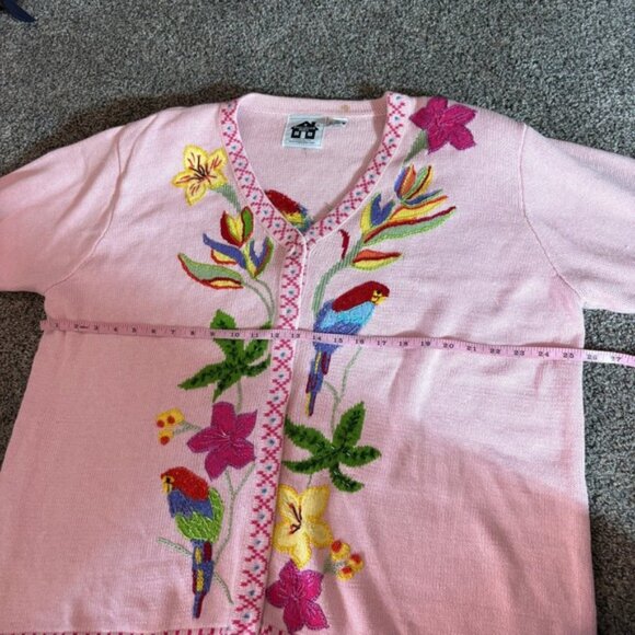 Embroidered Floral Parrot‎ Cardigan Pink Button Up Sweater Quirky Women - Picture 8 of 9